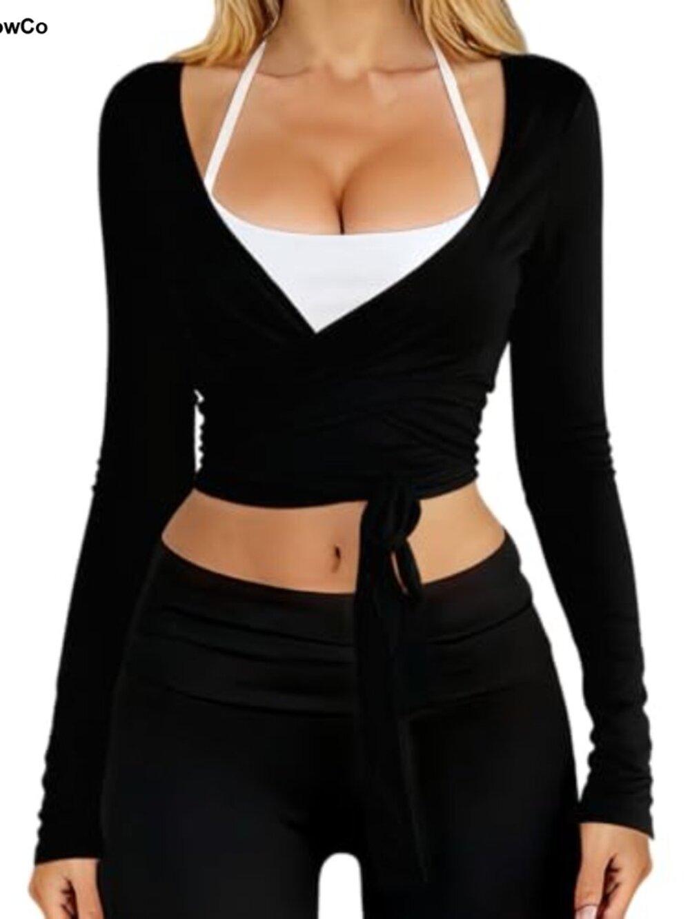 Women's V Neck Wrap Crop Top Long Sleeve Ballet Pilates Yoga Shirt